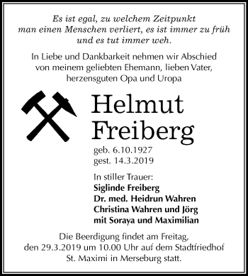 Traueranzeige von Helmut Freiberg von WVG - Wochenspiegel Merseburg