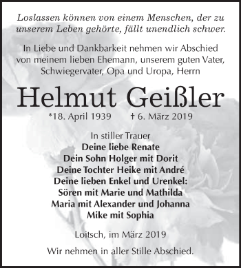 Traueranzeige von Helmut Geißler von WVG - Wochenspiegel NMB / WSF / ZTZ