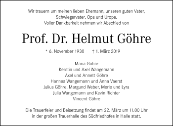 Traueranzeige von Helmut Göhre von Mitteldeutsche Zeitung Halle/Saalkreis