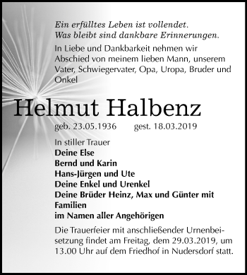 Traueranzeige von Helmut Halbenz von Mitteldeutsche Zeitung