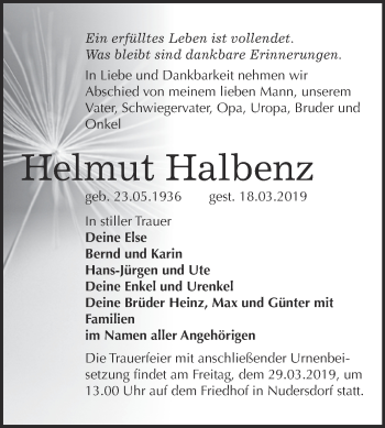 Traueranzeige von Helmut Halbenz von WVG - Wochenspiegel Wittenberg