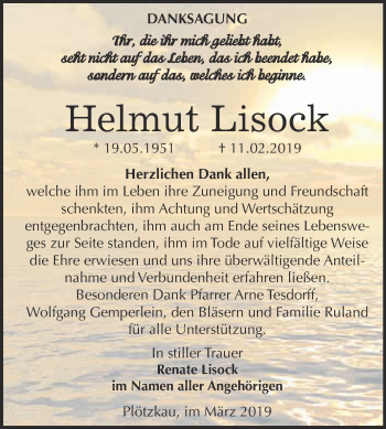 Traueranzeige von Helmut Lisock von Super Sonntag Bernburg