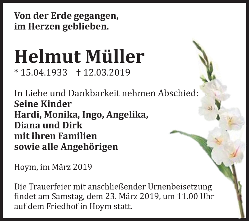  Traueranzeige für Helmut Müller vom 20.03.2019 aus Mitteldeutsche Zeitung Aschersleben