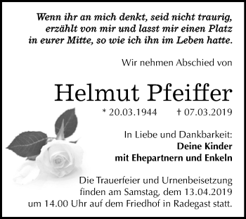 Traueranzeige von Helmut Pfeiffer von Mitteldeutsche Zeitung