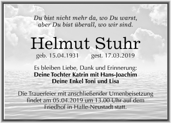Traueranzeige von Helmut Stuhr von Mitteldeutsche Zeitung