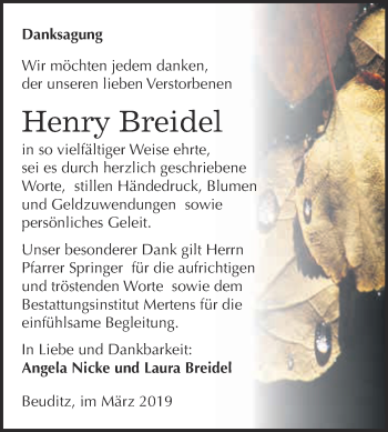 Traueranzeige von Henry Breidel von WVG - Wochenspiegel NMB / WSF / ZTZ