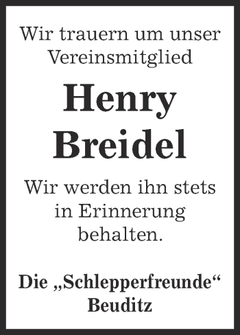Traueranzeige von Henry Breidel von WVG - Wochenspiegel NMB / WSF / ZTZ