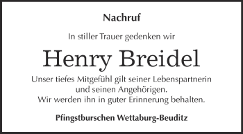 Traueranzeige von Henry Breidel von WVG - Wochenspiegel NMB / WSF / ZTZ