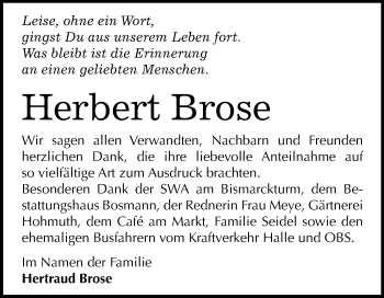 Traueranzeige von Herbert Brose von Mitteldeutsche Zeitung