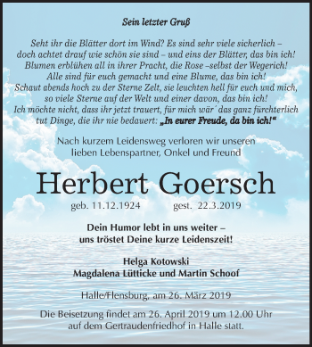 Traueranzeige von Herbert Goersch von Mitteldeutsche Zeitung