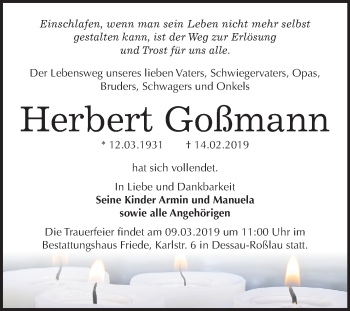 Traueranzeige von Herbert Goßmann von Mitteldeutsche Zeitung Dessau-Roßlau