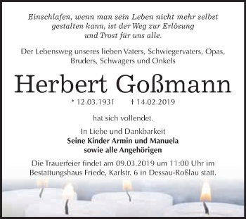 Traueranzeige von Herbert Goßmann von WVG - Wochenspiegel Dessau / Köthen