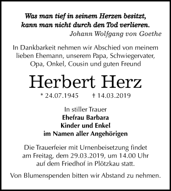 Traueranzeige von Herbert Herz von Mitteldeutsche Zeitung Bernburg