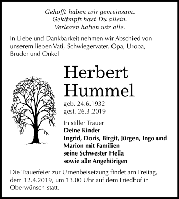 Traueranzeige von Herbert Hummel von Mitteldeutsche Zeitung