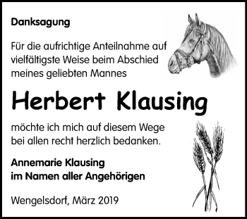 Traueranzeige von Herbert Klausing von WVG - Wochenspiegel NMB / WSF / ZTZ