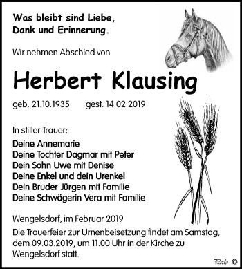 Traueranzeige von Herbert Klausing von WVG - Wochenspiegel NMB / WSF / ZTZ