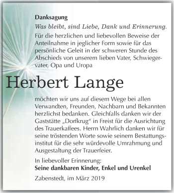 Traueranzeige von Herbert Lange von Wochenspiegel Mansfelder Land