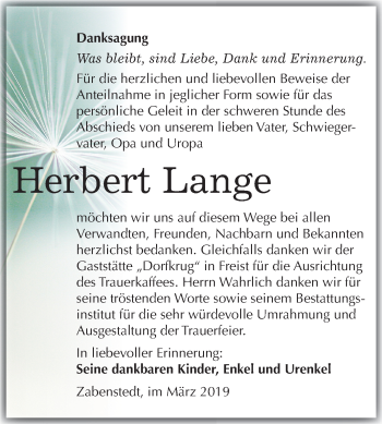 Traueranzeige von Herbert Lange von Mitteldeutsche Zeitung