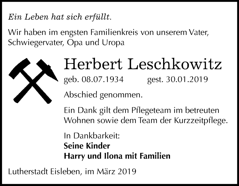  Traueranzeige für Herbert Leschkowitz vom 23.03.2019 aus Mitteldeutsche Zeitung