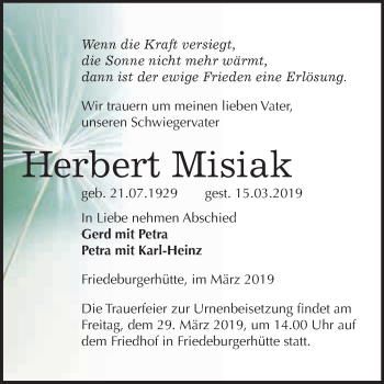 Traueranzeige von Herbert Misiak von Wochenspiegel Mansfelder Land