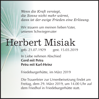 Traueranzeige von Herbert Misiak von Mitteldeutsche Zeitung Mansfelder Land