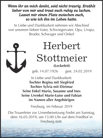 Traueranzeige von Herbert Stottmeier von WVG - Wochenspiegel NMB / WSF / ZTZ