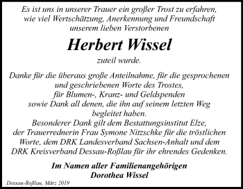 Traueranzeige von Herbert Wissel von Mitteldeutsche Zeitung