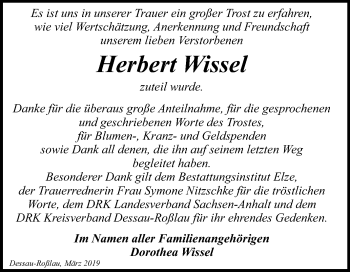 Traueranzeige von Herbert Wissel von WVG - Wochenspiegel Dessau / Köthen