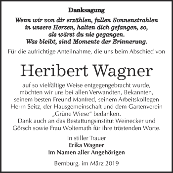 Traueranzeige von Heribert Wagner von Super Sonntag Bernburg