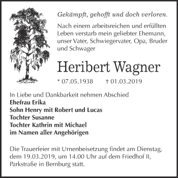 Traueranzeige von Heribert Wagner von Super Sonntag Bernburg
