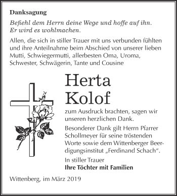 Traueranzeige von Herta Kolof von WVG - Wochenspiegel Wittenberg