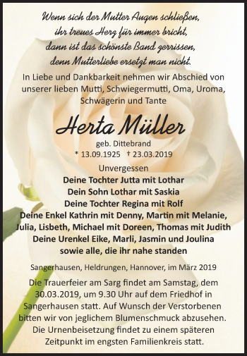 Traueranzeige von Herta Müller von Mitteldeutsche Zeitung Sangerhausen