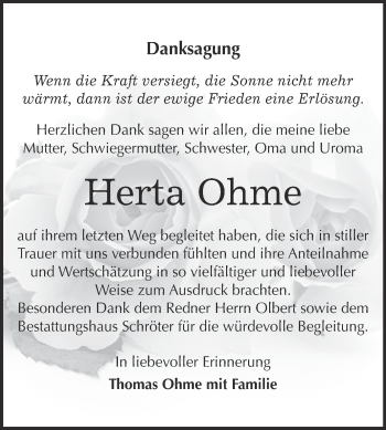 Traueranzeige von Herta Ohme von WVG - Wochenspiegel Bitterfeld