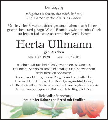 Traueranzeige von Herta Ullmann von WVG - Wochenspiegel Dessau / Köthen
