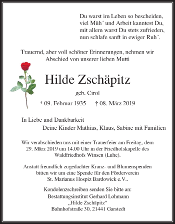 Traueranzeige von Hilde Zschäpitz von Mitteldeutsche Zeitung Bitterfeld