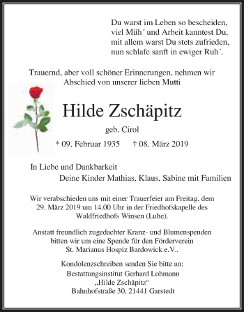 Traueranzeige von Hilde Zschäpitz von WVG - Wochenspiegel Bitterfeld