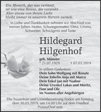 Traueranzeige von Hildegard Hilgenhof von Super Sonntag Wittenberg