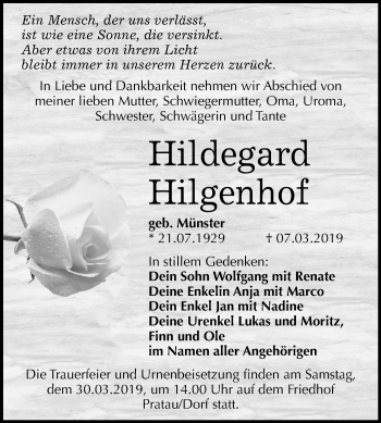 Traueranzeige von Hildegard Hilgenhof von Mitteldeutsche Zeitung