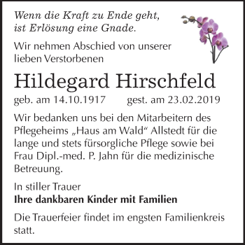 Traueranzeige von Hildegard Hirschfeld von Mitteldeutsche Zeitung