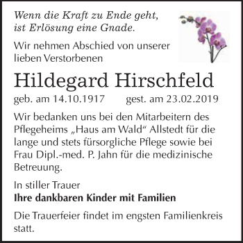 Traueranzeige von Hildegard Hirschfeld von Super Sonntag SGH Mansf. Land