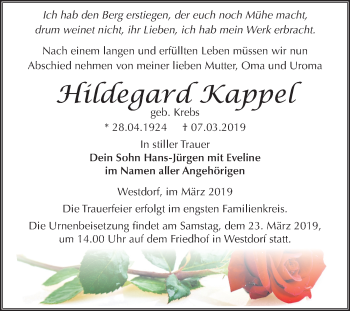 Traueranzeige von Hildegard Kappel von Mitteldeutsche Zeitung Aschersleben