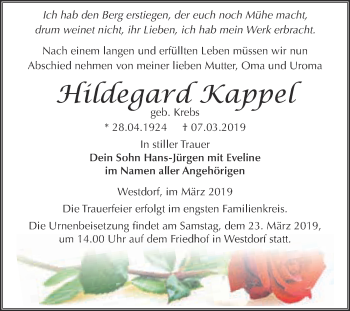 Traueranzeige von Hildegard Kappel von Super Sonntag Aschersleben