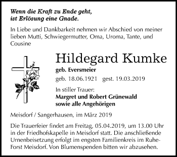 Traueranzeige von Hildegard Kumke von WVG - Wochenspiegel Quedlinburg