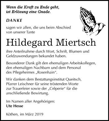 Traueranzeige von Hildegard Miertsch von WVG - Wochenspiegel Dessau / Köthen
