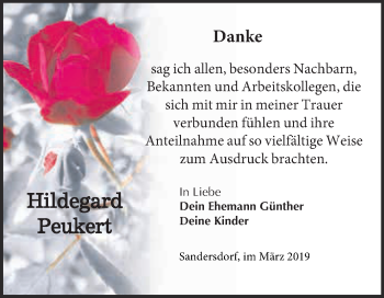 Traueranzeige von Hildegard Peukert von WVG - Wochenspiegel Bitterfeld