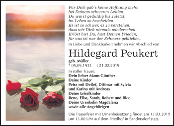 Traueranzeige von Hildegard Peukert von Mitteldeutsche Zeitung Bitterfeld