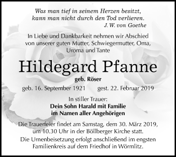 Traueranzeige von Hildegard Pfanne von Mitteldeutsche Zeitung Halle/Saalkreis