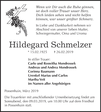 Traueranzeige von Hildegard Schmelzer von WVG - Wochenspiegel NMB / WSF / ZTZ