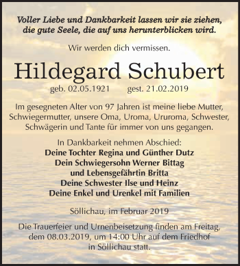 Traueranzeige von Hildegard Schubert von WVG - Wochenspiegel Wittenberg