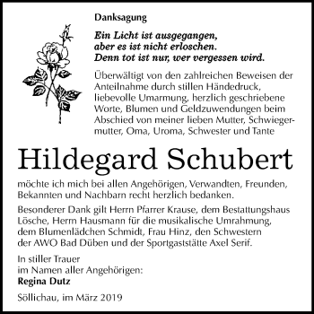 Traueranzeige von Hildegard Schubert von Mitteldeutsche Zeitung